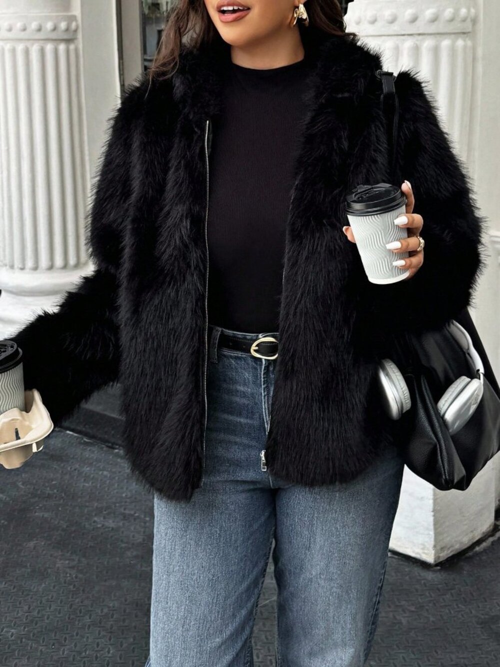 Black Elegant Women's Loose Zip-Front Faux Fur Hooded Jacket